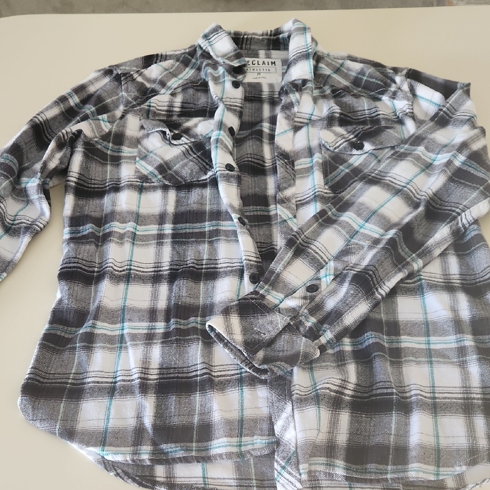 Men's Black, White, And Teal Plaid Shirt